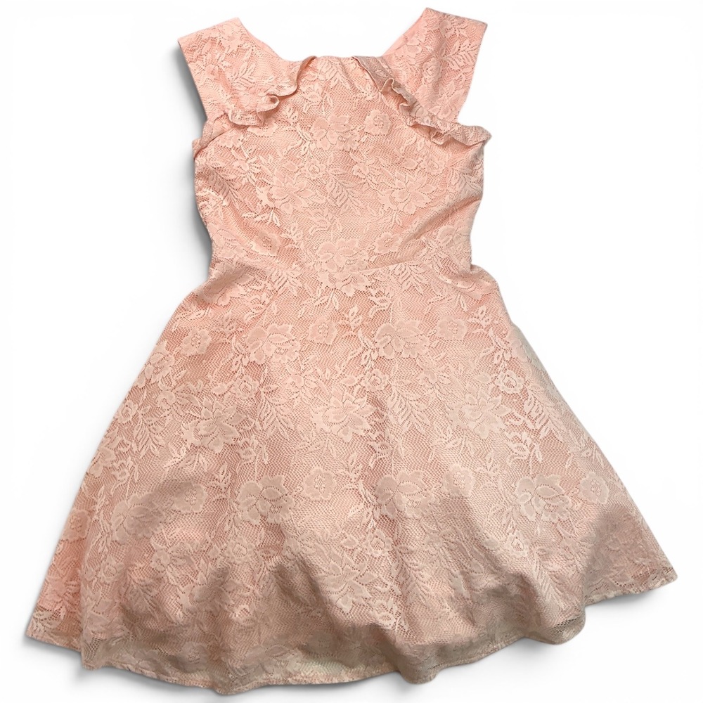 Pastourelle NYC Peach Lace Dress Kids 10 Floral Bow Back Tulle 59134204‎